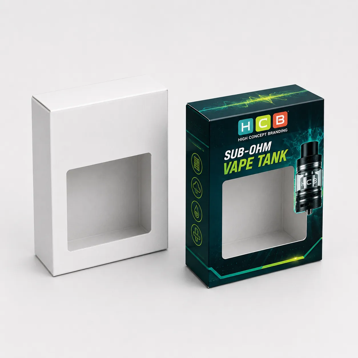 Custom printed vape tank boxes featuring a front die cut window and standard hanging tab. class=